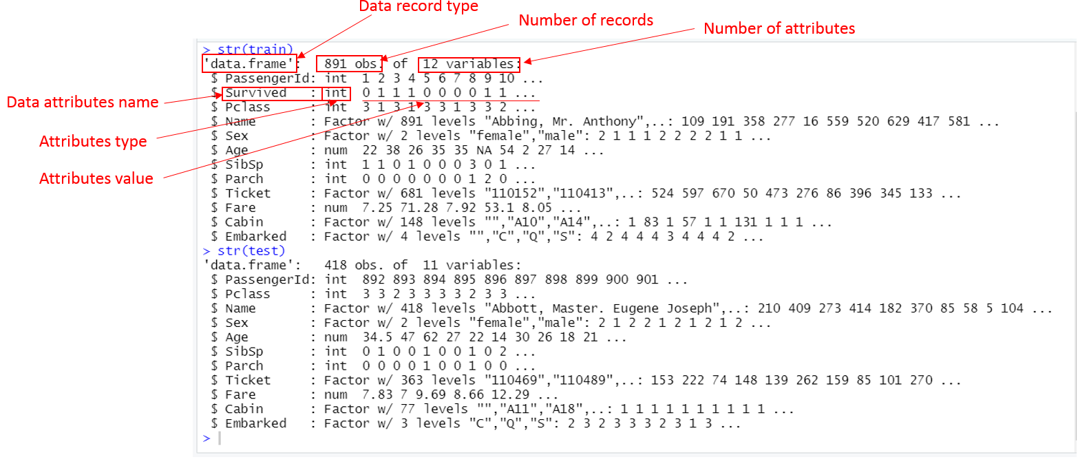 Screen capture of str(train) and str(test)