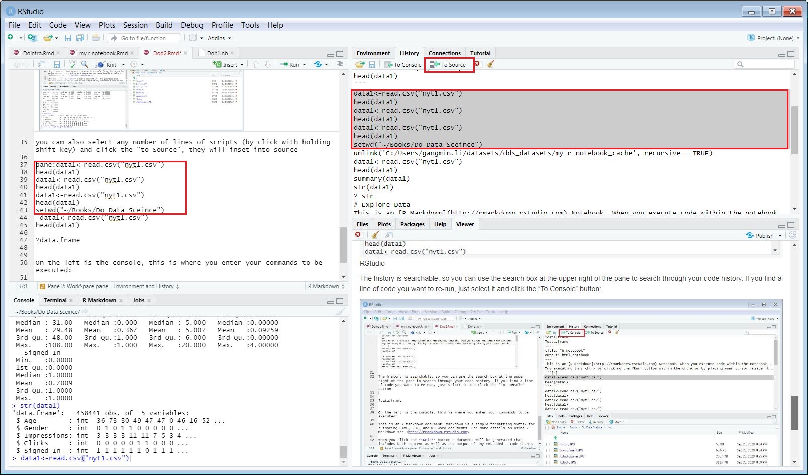 RStudio "To Source" button under History Tab in WorkSpace Pane